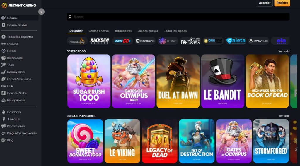 Sección de Juegos en Instant Casino