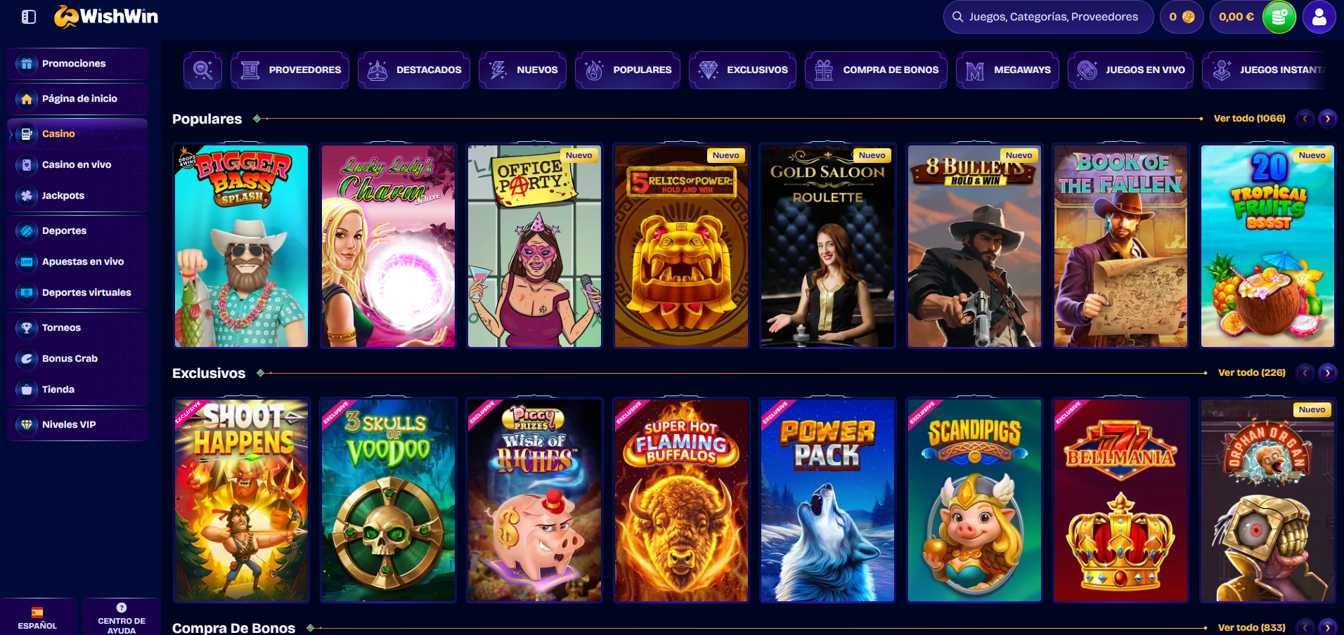 Selección de Juegos en WishWin Casino